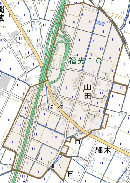 山田とその周辺の地図。町の範囲を重ねている