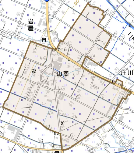 山斐とその周辺の地図。町の範囲を重ねている