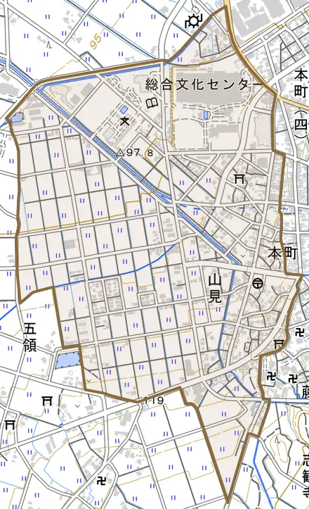 山見とその周辺の地図。町の範囲を重ねている