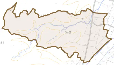 安居とその周辺の地図。町の範囲を重ねている