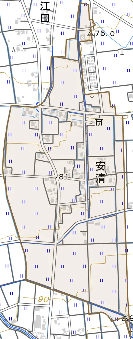 安清とその周辺の地図。町の範囲を重ねている