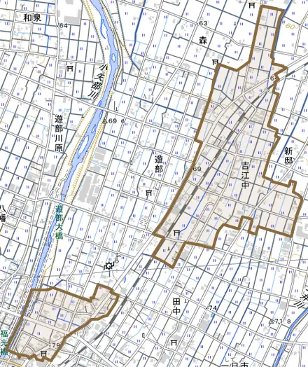 吉江中とその周辺の地図。町の範囲を重ねている