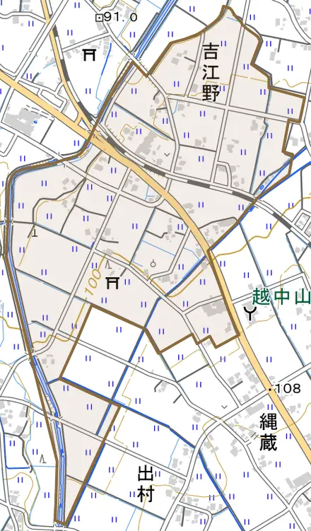 吉江野とその周辺の地図。町の範囲を重ねている