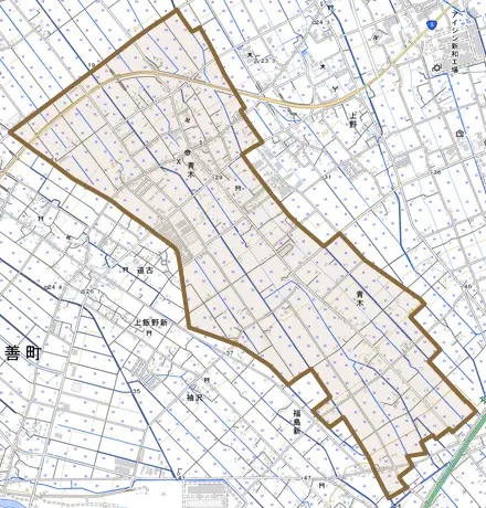 青木とその周辺の地図。町の範囲を重ねている