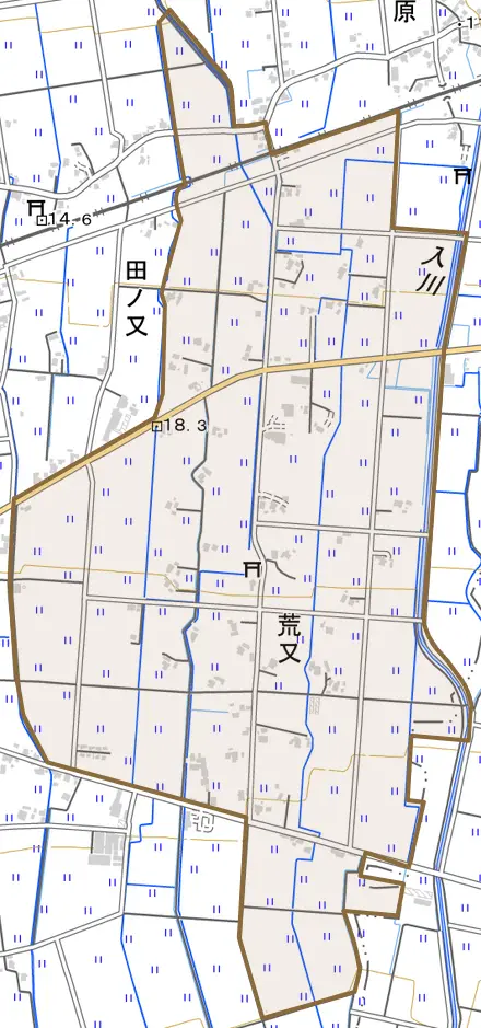 荒又とその周辺の地図。町の範囲を重ねている