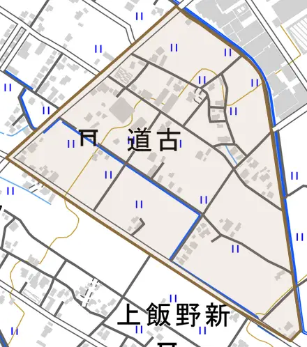 道古とその周辺の地図。町の範囲を重ねている