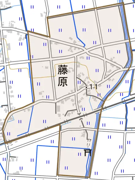 藤原とその周辺の地図。町の範囲を重ねている
