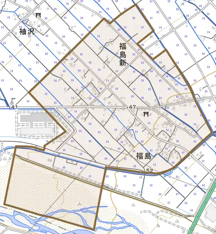 福島とその周辺の地図。町の範囲を重ねている
