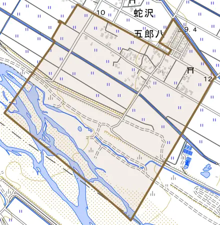 五郎八とその周辺の地図。町の範囲を重ねている