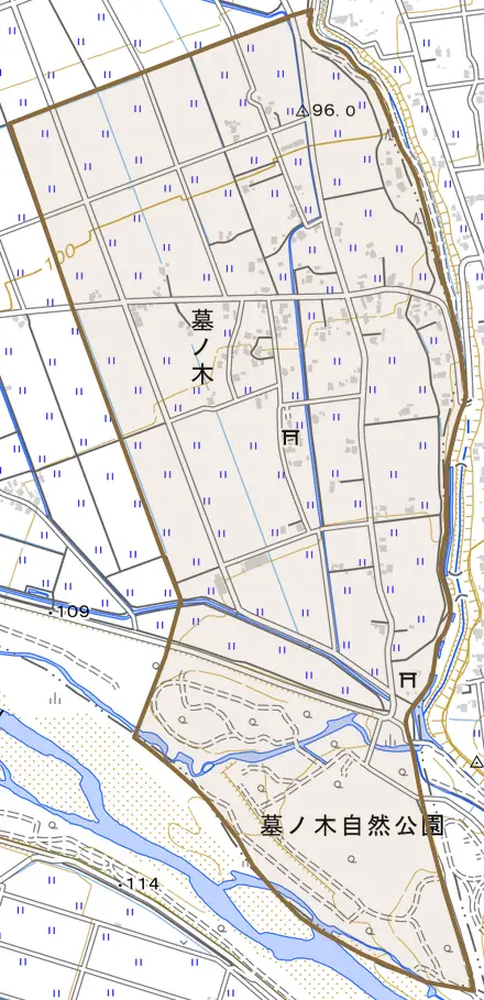 墓ノ木とその周辺の地図。町の範囲を重ねている
