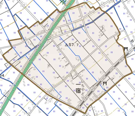 一宿とその周辺の地図。町の範囲を重ねている