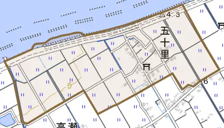 五十里とその周辺の地図。町の範囲を重ねている