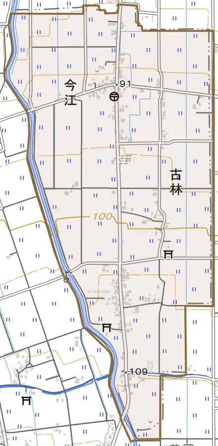 今江とその周辺の地図。町の範囲を重ねている