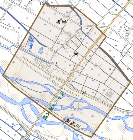 板屋とその周辺の地図。町の範囲を重ねている