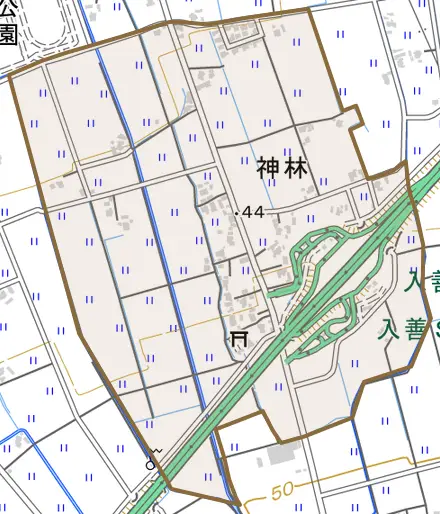 神林とその周辺の地図。町の範囲を重ねている