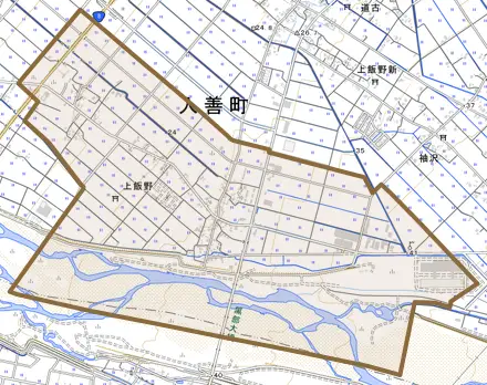 上飯野とその周辺の地図。町の範囲を重ねている