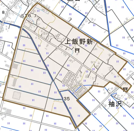 上飯野新とその周辺の地図。町の範囲を重ねている