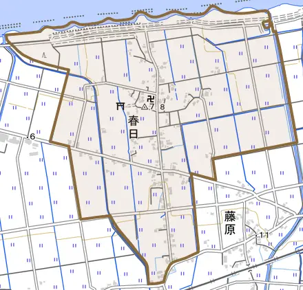 春日とその周辺の地図。町の範囲を重ねている