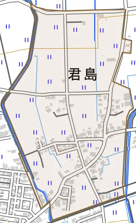 君島とその周辺の地図。町の範囲を重ねている