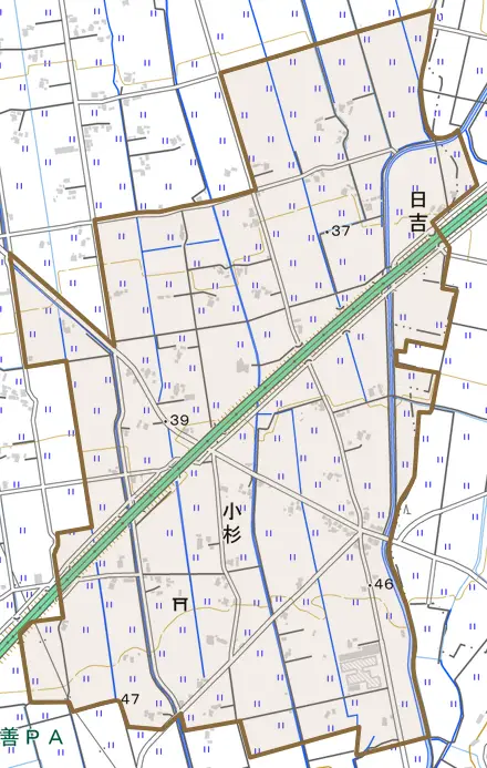 小杉とその周辺の地図。町の範囲を重ねている