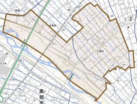 小摺戸とその周辺の地図。町の範囲を重ねている