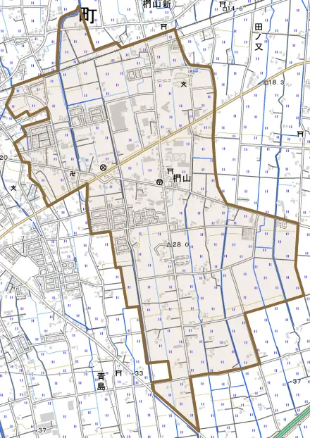 椚山とその周辺の地図。町の範囲を重ねている