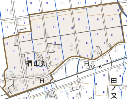椚山新とその周辺の地図。町の範囲を重ねている