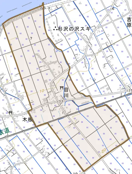 目川とその周辺の地図。町の範囲を重ねている