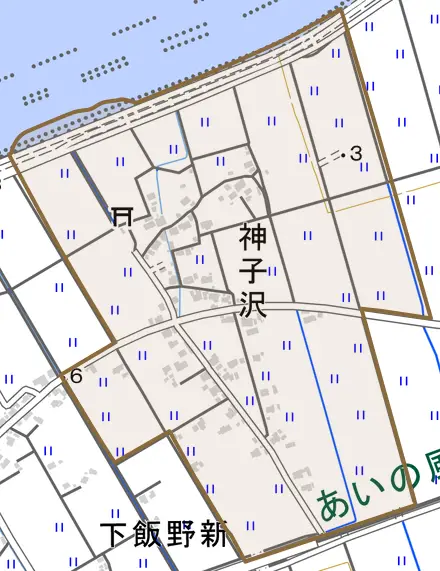 神子沢とその周辺の地図。町の範囲を重ねている