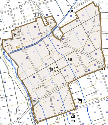 中沢とその周辺の地図。町の範囲を重ねている