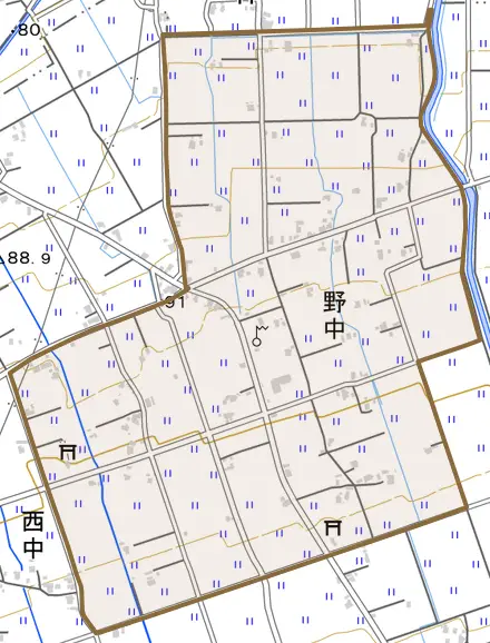 野中とその周辺の地図。町の範囲を重ねている