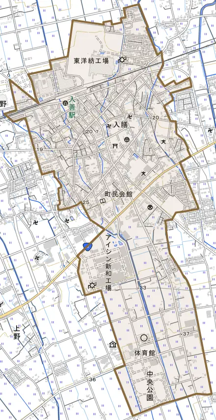 入膳とその周辺の地図。町の範囲を重ねている