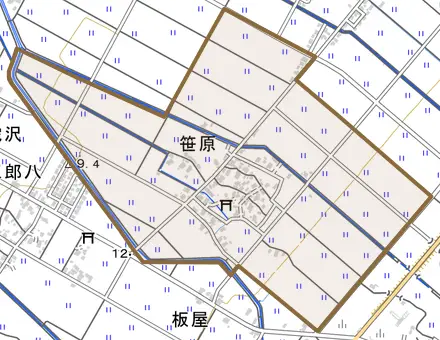 笹原とその周辺の地図。町の範囲を重ねている
