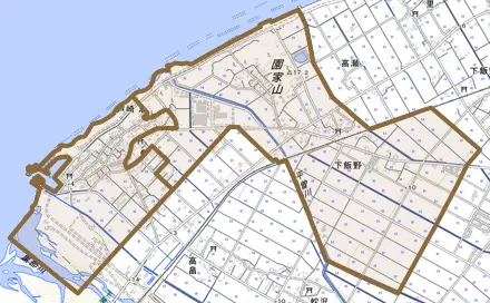 下飯野とその周辺の地図。町の範囲を重ねている