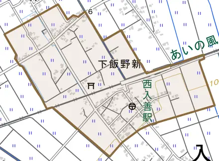 下飯野新とその周辺の地図。町の範囲を重ねている