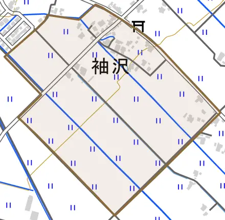 袖沢とその周辺の地図。町の範囲を重ねている