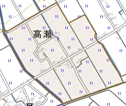高瀬とその周辺の地図。町の範囲を重ねている