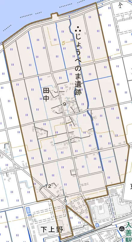 田中とその周辺の地図。町の範囲を重ねている