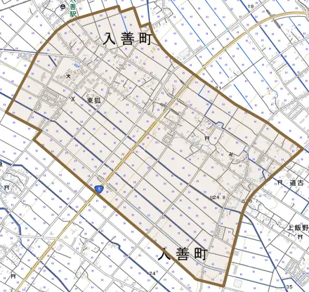 東狐とその周辺の地図。町の範囲を重ねている