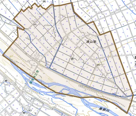 浦山新とその周辺の地図。町の範囲を重ねている