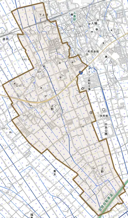 上野とその周辺の地図。町の範囲を重ねている