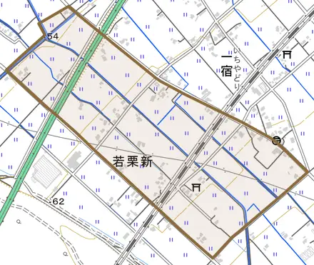 若栗新とその周辺の地図。町の範囲を重ねている