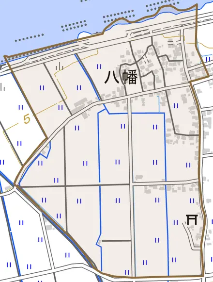 八幡とその周辺の地図。町の範囲を重ねている