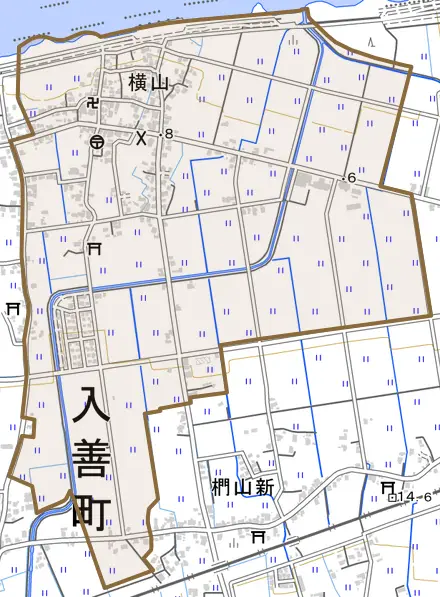 横山とその周辺の地図。町の範囲を重ねている