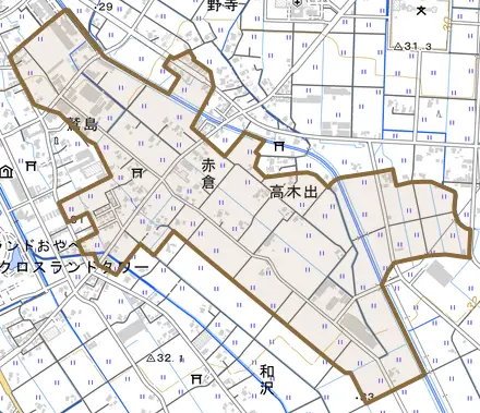 赤倉とその周辺の地図。町の範囲を重ねている