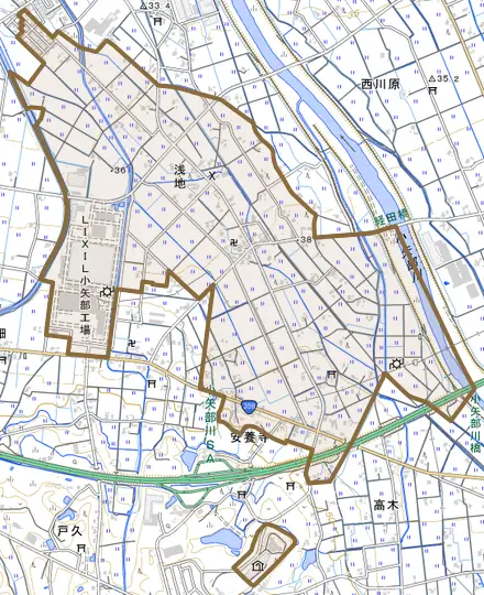 浅地とその周辺の地図。町の範囲を重ねている