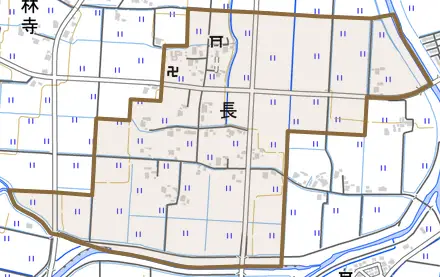 長とその周辺の地図。町の範囲を重ねている