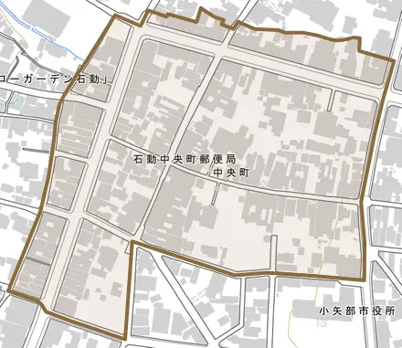 中央町とその周辺の地図。町の範囲を重ねている