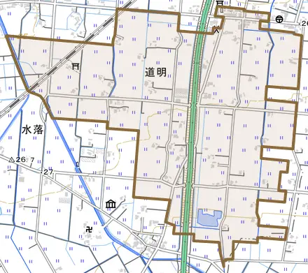 道明とその周辺の地図。町の範囲を重ねている