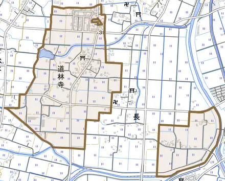 道林寺とその周辺の地図。町の範囲を重ねている
